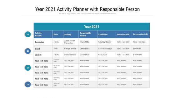 Year 2021 Activity Planner With Resposible Person Ppt PowerPoint Presentation Portfolio Tips PDF