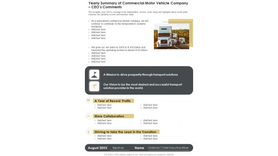 Yearly Summary Of Commercial Motor Vehicle Company Ceos Comments One Pager Documents