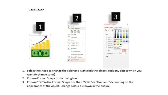 Yen Growth Arrow On Gold Coins Powerpoint Template