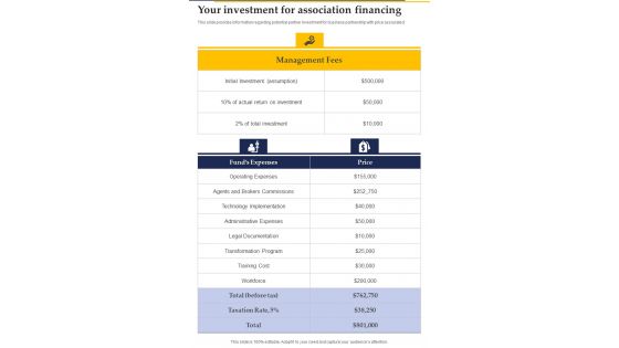 Your Investment For Association Financing Collaboration Investment One Pager Sample Example Document Your Investment For Association Financing Collaboration Investment One Pager Sample Example Document