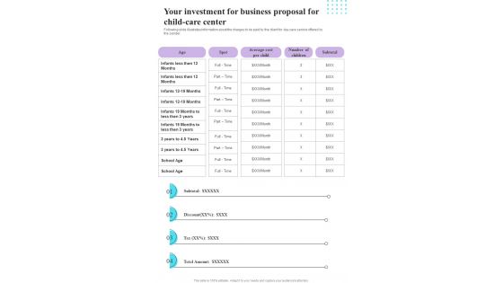 Your Investment For Business Proposal For Child Care Center One Pager Sample Example Document