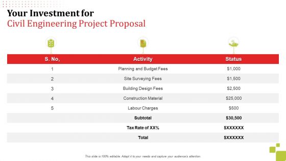 Your Investment For Civil Engineering Project Proposal PDF Ppt Layouts Design Inspiration PDF