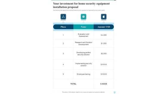 Your Investment For Home Security Equipment Installation Proposal One Pager Sample Example Document
