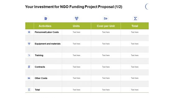 Your Investment For NGO Funding Project Proposal Costs Ppt PowerPoint Presentation Model Clipart Images