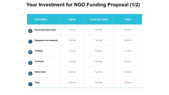 Your Investment For NGO Funding Proposal Training Ppt PowerPoint Presentation Infographic Template Deck