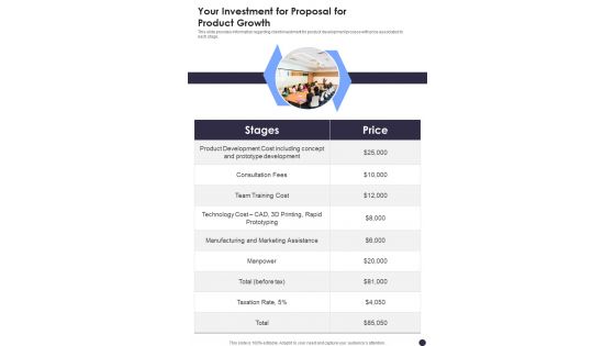 Your Investment For Proposal For Product Growth One Pager Sample Example Document Your Investment For Proposal For Product Growth One Pager Sample Example Document