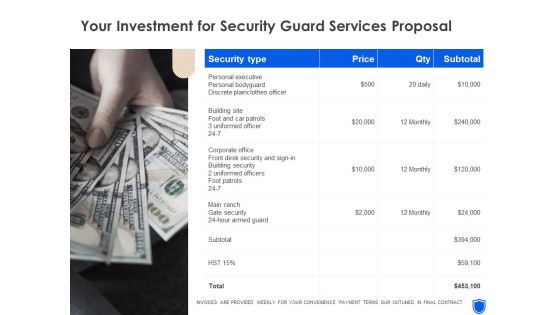 Your Investment For Security Guard Services Proposal Topics PDF