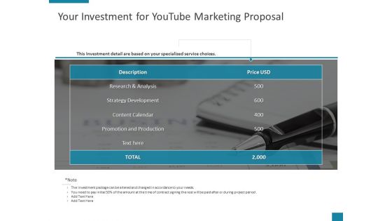 Your Investment For Youtube Marketing Proposal Ppt PowerPoint Presentation Pictures File Formats