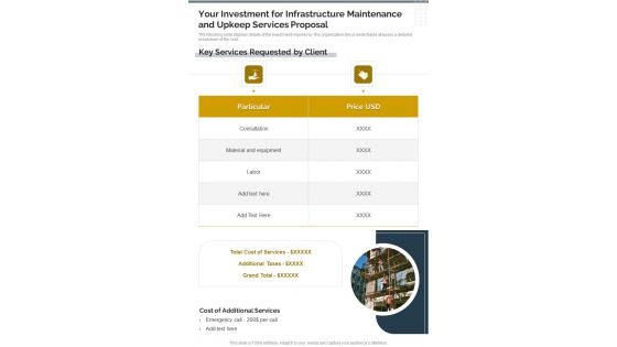 Your Investment Infrastructure Maintenance Upkeep Services Proposal One Pager Sample Example Document