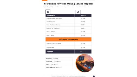 Your Pricing For Video Making Service Proposal One Pager Sample Example Document Your Pricing For Video Making Service Proposal One Pager Sample Example Document