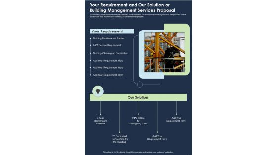Your Requirement And Our Solution Or Building Management Services Proposal One Pager Sample Example Document