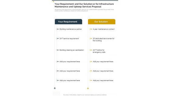 Your Requirement Infrastructure Maintenance Upkeep Services Proposal One Pager Sample Example Document