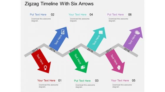 Zigzag Timeline With Six Arrows Powerpoint Templates