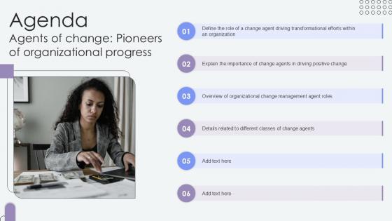 Agenda Agents Of Change Pioneers Of Organizational Progress PPT Example CM SS V Agenda Agents Of Change Pioneers Of Organizational Progress PPT Example CM SS V