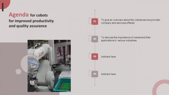 Agenda For Cobots For Improved Productivity And Quality Assurance Clipart PDF Agenda For Cobots For Improved Productivity And Quality Assurance Clipart PDF