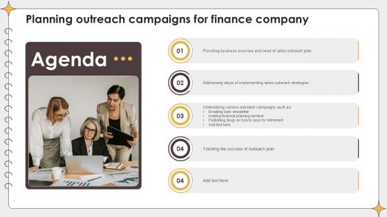 Agenda Planning Outreach Campaigns For Finance Company PPT Template