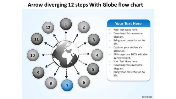 Arrow Diverging 12 Steps With Globe Flow Chart Circular PowerPoint Slides