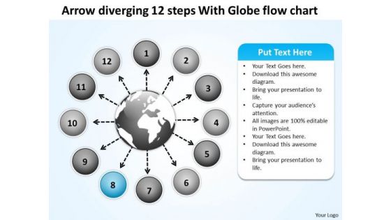 Arrow Diverging 12 Steps With Globe Flow Chart Pie Process PowerPoint Templates