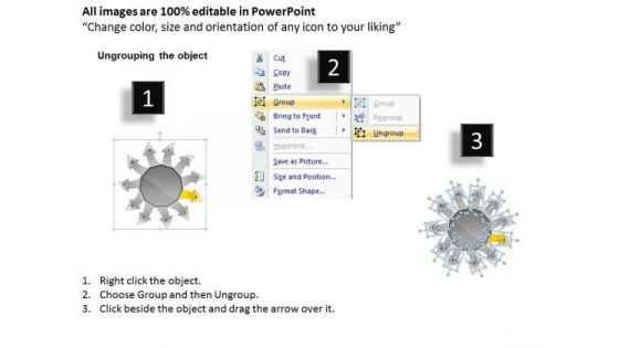 Arrow Pointing Strategic Planning Process Circular Flow Layout Network PowerPoint Slides