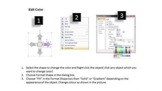 Arrows Diverging Actions Flow Diagram 4 Stages Circular Layout Chart PowerPoint Slides