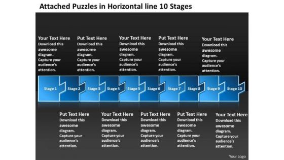 Attached Puzzles In Horizontal Line 10 Stages Vision Flow Charts PowerPoint Slides