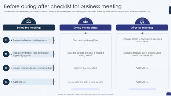 Before During After Checklist For Business Meeting PPT Slide SS