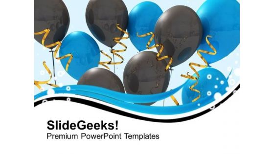Blue And Black Balloons With Ribbons Party PowerPoint Templates Ppt Backgrounds For Slides 1212