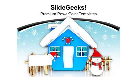Blue Hut And Snowman With Board PowerPoint Templates Ppt Backgrounds For Slides 0113