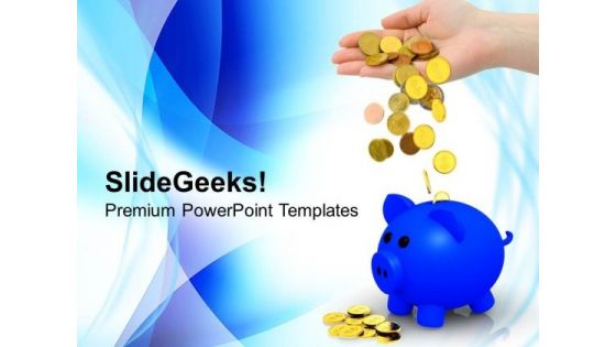 Blue Piggy With Coins Falling Money PowerPoint Templates Ppt Backgrounds For Slides 0213