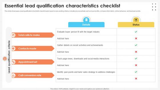 Business Development Team Essential Lead Qualification Characteristics Checklist SA SS V