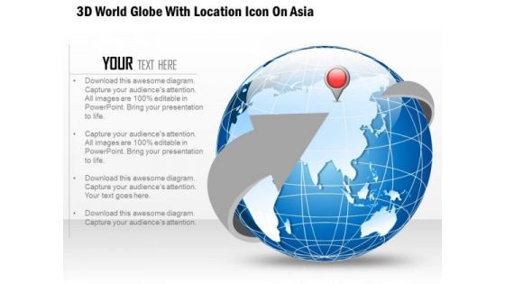 Business Diagram 3d World Globe With Location Icon On Asia Presentation Template