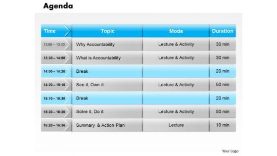 Business Diagram Agenda For Daily Lecture Schedule With Time And Topic Presentation Template