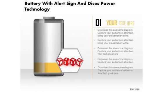 Business Diagram Battery With Alert Sign And Dices Power Technology PowerPoint Slide