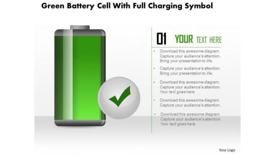 Business Diagram Green Battery Cell With Full Charging Symbol PowerPoint Slide
