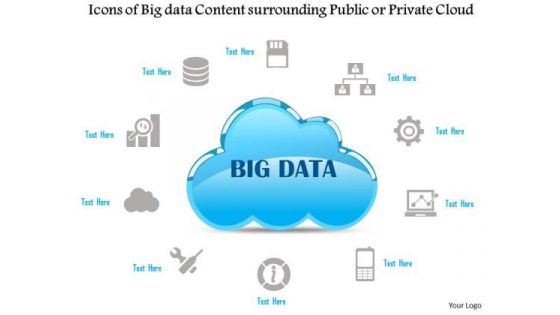 Business Diagram Icons Of Big Data Content Surrounding A Public Of Private Cloud Ppt Slide