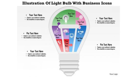 Business Diagram Illustration Of Light Bulb With Business Icons Presentation Template
