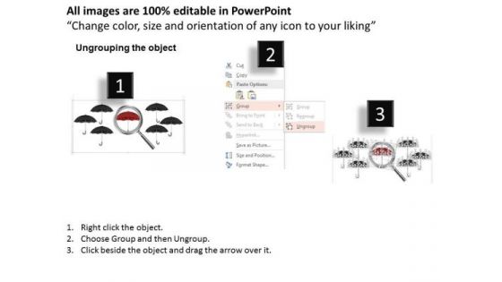 Business Diagram Red Umbrella Under The Magnifier For Search Presentation Template