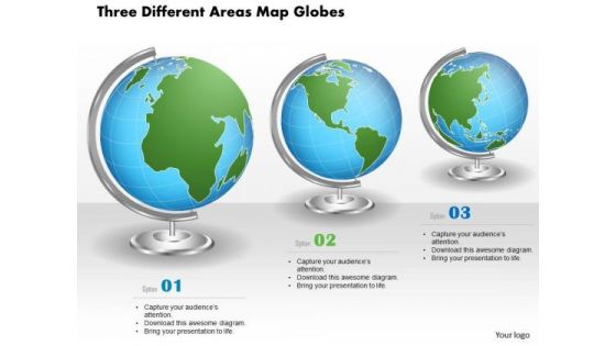 Business Diagram Three Different Areas Map Globes Presentation Template
