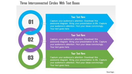 Business Diagram Three Interconnected Circles With Text Boxes Presentation Template