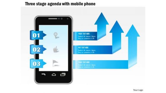 Business Diagram Three Stage Agenda With Mobile Phone And Arrows Coming Out Presentation Template