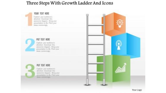 Business Diagram Three Steps With Growth Ladder And Icons Presentation Template