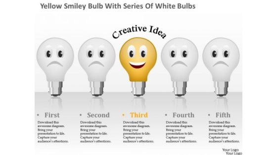 Business Diagram Yellow Smiley Bulb With Series Of White Bulbs Presentation Template