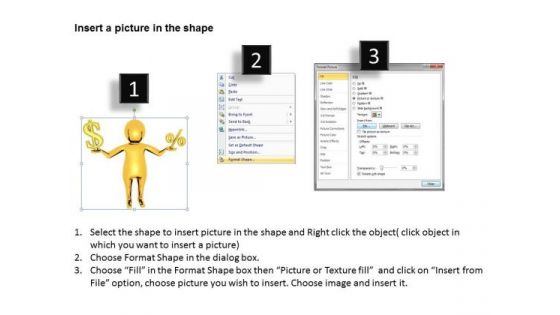 Business Men Golden 3d Man Holding Dollar Percent Symbols PowerPoint Templates