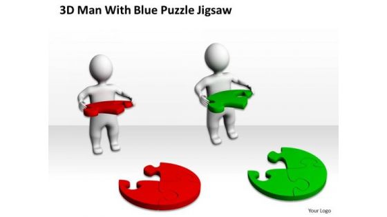 Business Model Diagram 3d Man With Blue Jigsaw Puzzle Piece PowerPoint Slides