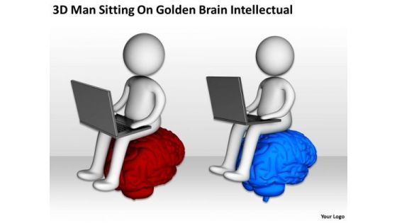 Business People Walking 3d Man Sitting On Golden Brain Intellectual PowerPoint Slides