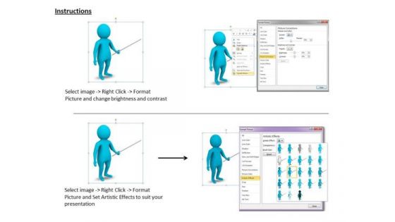 Business Process Strategy 3d Man Showing Some Object With Stick Concepts