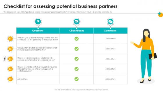 Checklist For Assessing Potential Business Partners Partner Relationship Ppt Slides