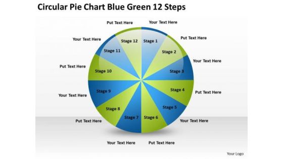 Circular Pie Chart Blue Green 12 Steps Examples Of Business Plan PowerPoint Slides