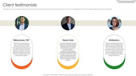Client Testimonials Battery Production Firm Investor Funding Elevator Pitch Deck
