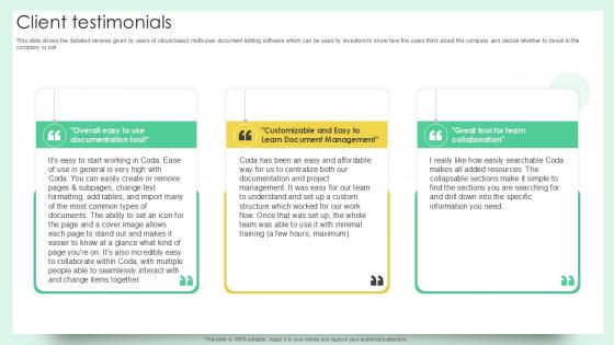 Client Testimonials Document Creation Software Company Fundraising Ppt Presentation